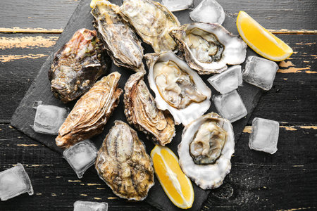 Tasty oysters with ice and lemon on wooden backgroundの写真素材