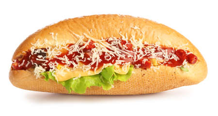 Tasty hot dog on white backgroundの写真素材