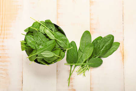 Bowl with fresh spinach on white wooden backgroundの写真素材