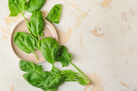 Plate with fresh green spinach on tableの写真素材