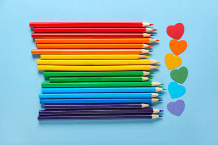 Many pencils with hearts on color background. LGBT conceptの写真素材