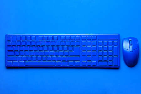 Blue PC keyboard and mouse on color background