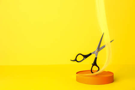 Hair strand and scissors on color backgroundの写真素材