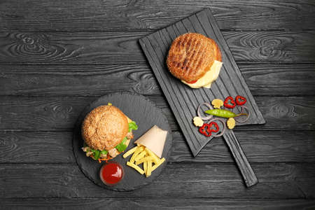 Tasty doner kebab in buns on tableの写真素材