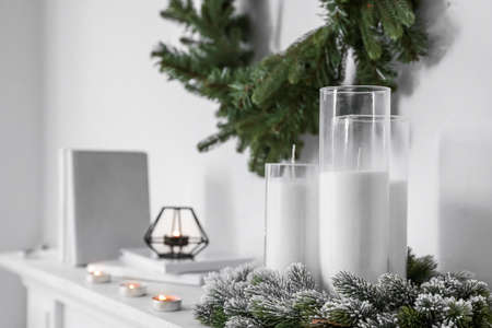 Fireplace with Christmas decor in stylish living roomの写真素材