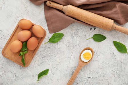 Boiled eggs on white backgroundの写真素材