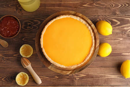 Tasty homemade lemon pie on tableの写真素材
