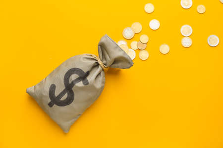 Bag with money and coins on color backgroundの写真素材
