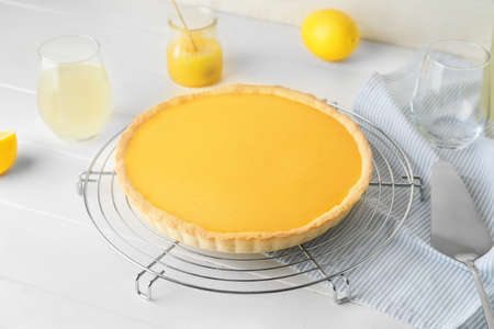 Tasty homemade lemon pie on tableの写真素材