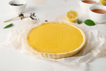 Tasty homemade lemon pie on tableの写真素材