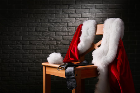 Santa Claus costume on chair against dark brick wallの写真素材