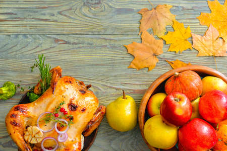 Composition with baked turkey for Thanksgiving day on tableの写真素材