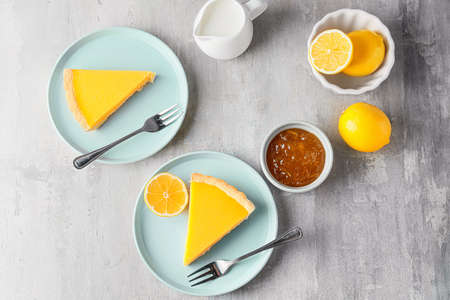 Composition with tasty lemon pie on tableの写真素材