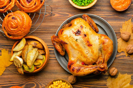 Composition with tasty food for Thanksgiving day on tableの写真素材