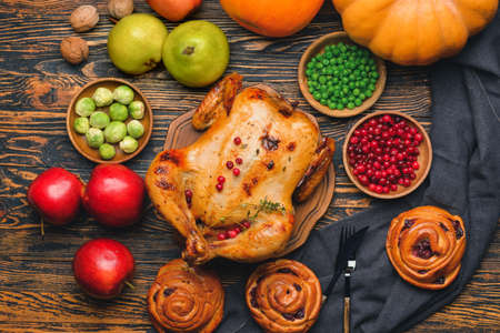 Composition with tasty food for Thanksgiving day on tableの写真素材