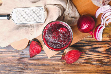 Glass of fresh vegetable juice on tableの写真素材