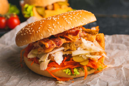 Tasty doner kebab in bun on tableの写真素材