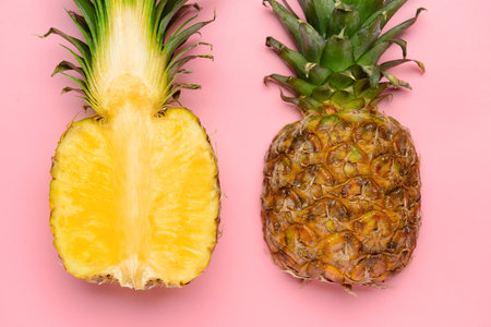 Fresh ripe pineapples on color backgroundの写真素材