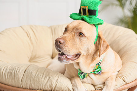 Cute dog with green hat at home. St. Patrick's day celebrationの写真素材