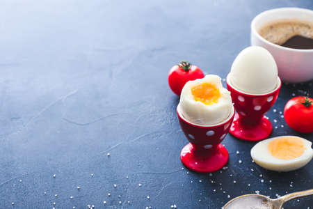 Tasty boiled eggs on tableの写真素材