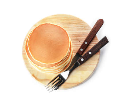 Board with stack of tasty pancakes on white background