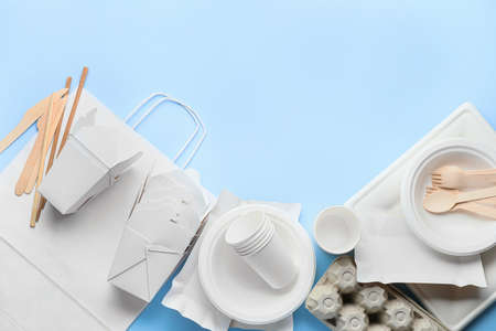 Different garbage on color background. Recycling conceptの写真素材