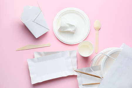 Different garbage on color background. Recycling conceptの写真素材