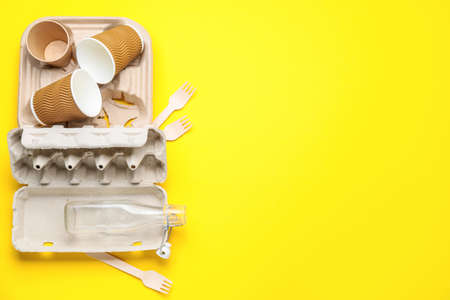 Different garbage on color background. Recycling conceptの写真素材