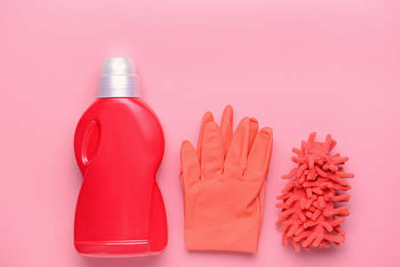 Set of cleaning supplies on color backgroundの写真素材