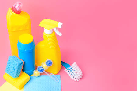 Set of cleaning supplies on color backgroundの写真素材