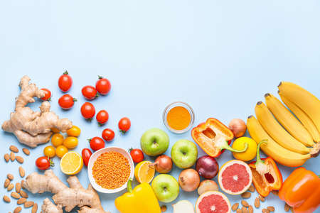Healthy products on color background