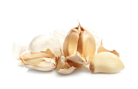 Fresh garlic on white backgroundの写真素材
