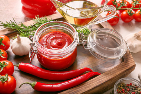 Tomato sauce with ingredients on tableの写真素材