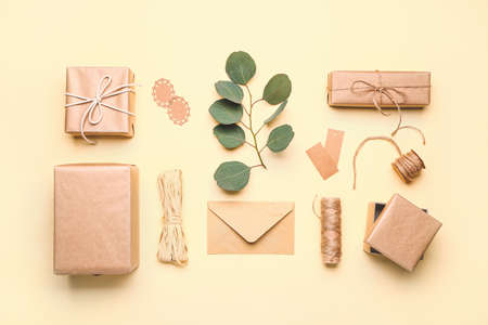 Composition with gifts on color backgroundの写真素材