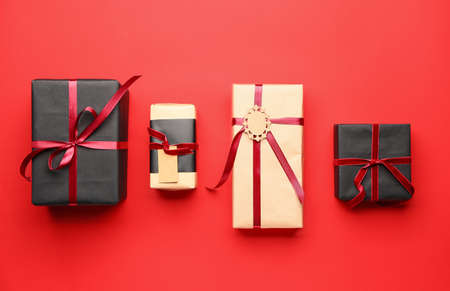 Packed gifts on color background