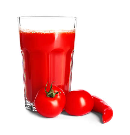 Glass of fresh vegetable juice on white backgroundの写真素材