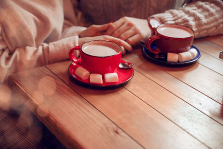 Young couple with cups of hot chocolate sitting in cafe, closeupの写真素材