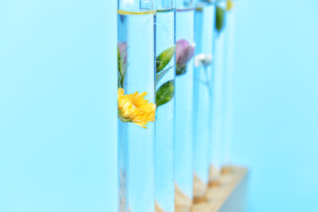 Test tubes with plants on color backgroundの写真素材