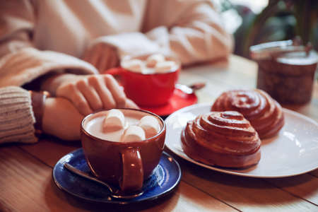 Young couple with cups of hot chocolate sitting in cafe, closeupの写真素材