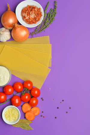 Ingredients for lasagna on color backgroundの写真素材