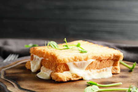 Tasty sandwich with cheese on wooden boardの写真素材