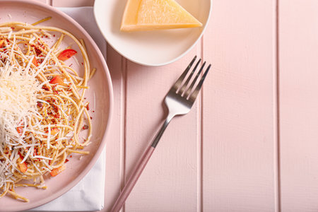 Plate with tasty pasta and cheese on wooden tableの写真素材