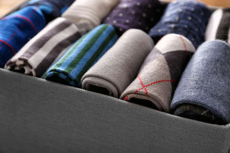 Box with different socks, closeupの写真素材