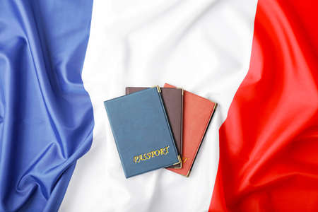 Passports on flag of France. Immigration conceptの写真素材