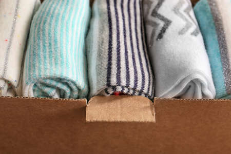 Box with different socks, closeupの写真素材