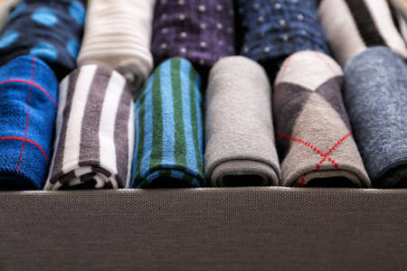 Box with different socks, closeupの写真素材