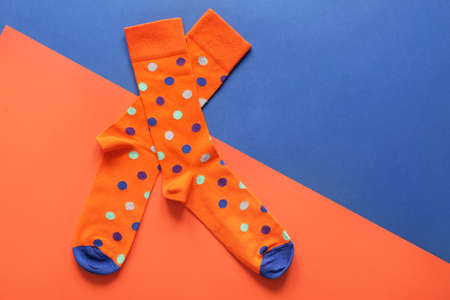 Cotton socks on color backgroundの写真素材