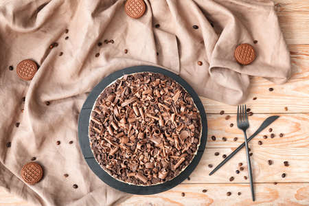 Tasty chocolate cheesecake on wooden tableの写真素材