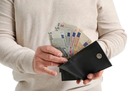 Senior man with purse on white background, closeup