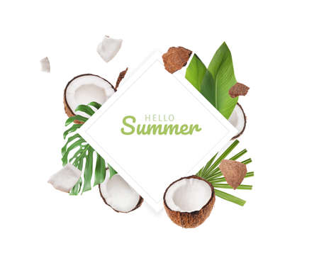 Ripe coconuts, tropical leaves and text HELLO SUMMER on white background